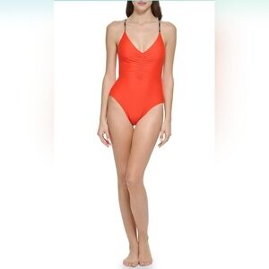 Calvin Klein Standard Tie Back Logo Straps Removable Soft Cups Front Ruching One